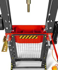 Beefy 30 Ton H Frame Air Hydraulic Shop Press With Hand Winch And Pin Kit, safety guard visible, fully welded steel frame.