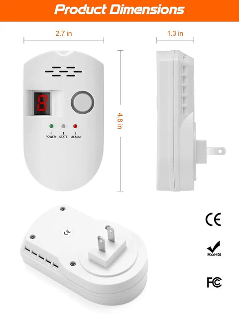 Multi Gas Leak Detector Plug In For Home Kitchen And RV No Fuss Combustible And Explosive Gas Alarm dimensions view
