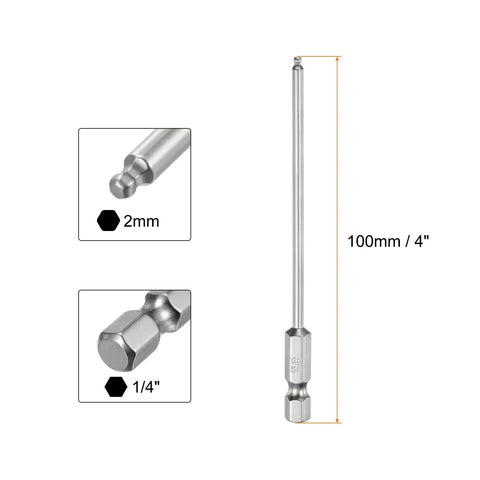 3 Piece Magnetic Ball End Hex Screwdriver Bit Set, 2mm H2.0 Ball End Bits, 1 Quarter Inch Hex Shank, 100mm (4 Inch) Long, S2 Steel
