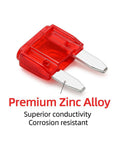 Prime Choice Mini Blade Fuse Assortment Kit Arrives Loaded With A Sturdy Puller And Packs 100 Badass Auto Car Fuses Covering 3 To 40 Amps To Keep Your Rig Rolling Smooth Across Every Haul. Close-up of a red mini blade fuse made of premium zinc alloy.
