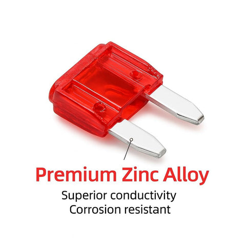 Prime Choice Mini Blade Fuse Assortment Kit Arrives Loaded With A Sturdy Puller And Packs 100 Badass Auto Car Fuses Covering 3 To 40 Amps To Keep Your Rig Rolling Smooth Across Every Haul. Close-up of a red mini blade fuse made of premium zinc alloy.