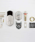 Components of SmartCode 910 Z Wave Plus Deadbolt With Keyless Entry And Illuminated Keypad, Polished Brass Finish laid out.