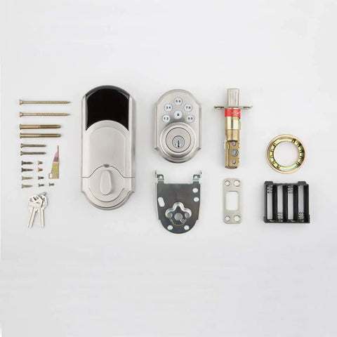 Components of SmartCode 910 Z Wave Plus Deadbolt With Keyless Entry And Illuminated Keypad, Polished Brass Finish laid out.
