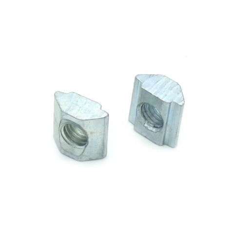 Kicker Grade M5 T Nuts For 20 Series Aluminum Extrusion Construction, 100 Pack showing two silver sliding t nuts with threaded holes.