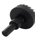 Black Heavy Duty HSS Hole Saw Kit, 35mm Cutter, 75mm Overall Length, 6mm Drill Bit showing cutting teeth detail