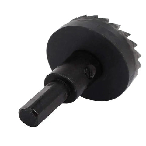 Black Heavy Duty HSS Hole Saw Kit, 35mm Cutter, 75mm Overall Length, 6mm Drill Bit showing cutting teeth detail