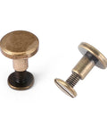 Forty Brass Flat Head Button Studs Feature Screw On Chicago Screws Ideal For Rugged Leather Belt Bag Shoes And Bookbinding Work Gives Badass Grip Quality With Slick Rust Shield Plating Comes In 5 6 5 And 8 Mm Fits, showcasing 5mm and 6.5mm brass rivets.