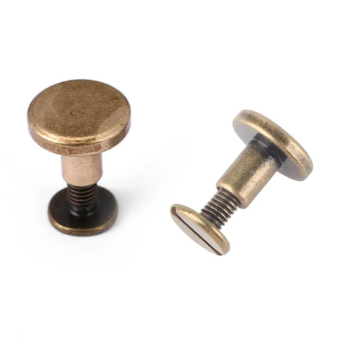 Forty Brass Flat Head Button Studs Feature Screw On Chicago Screws Ideal For Rugged Leather Belt Bag Shoes And Bookbinding Work Gives Badass Grip Quality With Slick Rust Shield Plating Comes In 5 6 5 And 8 Mm Fits, showcasing 5mm and 6.5mm brass rivets.