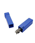 End mill in blue protective case; 5/8-inch, 4-flute HSS bit visible