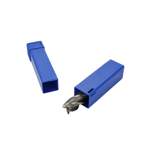 End mill in blue protective case; 5/8-inch, 4-flute HSS bit visible