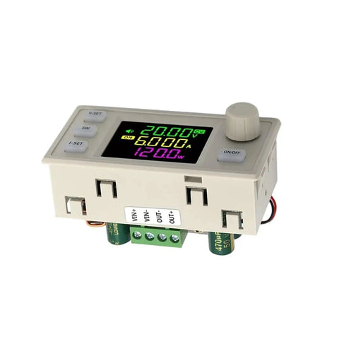 CNC DC Step Up Step Down Converter with color screen showing voltage and current readings, modular design for solar power use.