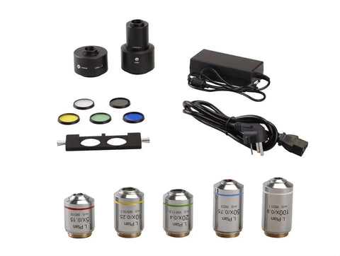 Inverted Metallurgical Microscope LM2000 With Infinity Corrected LIOS Optics Big Field Of View And High Resolution Imaging 50x To 100x Magnification Five LWD Infinity Dry Objectives 5x 10x 20x 50x 100x Brightfield And Polarized Light accessories with objectives, filters, power supply and adapter