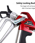 Close-up of Heavy Duty Airless Paint Spray Gun With Reversible 517 Tip And Universal Swivel Joint, highlighting safety locking buckle.