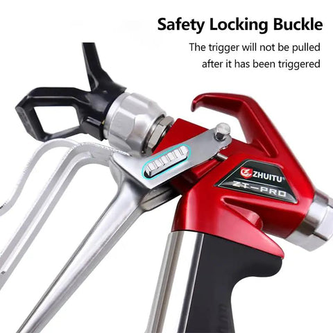 Close-up of Heavy Duty Airless Paint Spray Gun With Reversible 517 Tip And Universal Swivel Joint, highlighting safety locking buckle.