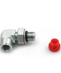 Two-piece L-shaped metal Ford Powerstroke 7.3 fuel pressure tester adapter with male thread and red cap