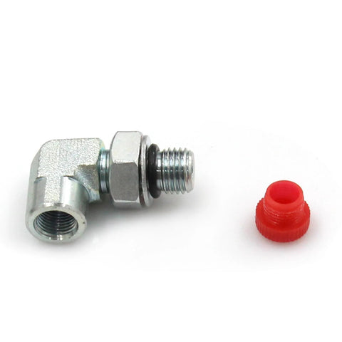 Two-piece L-shaped metal Ford Powerstroke 7.3 fuel pressure tester adapter with male thread and red cap