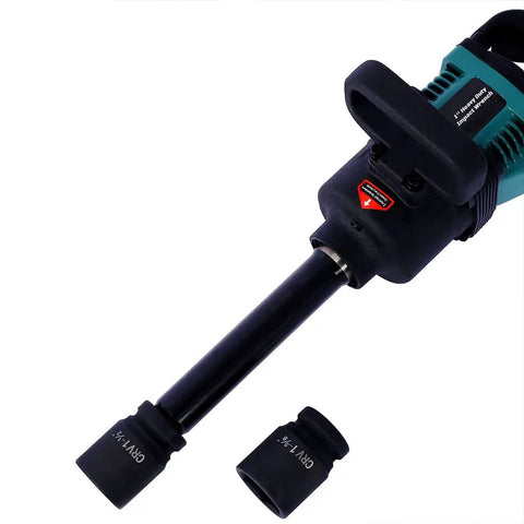 One Inch Pneumatic Impact Wrench Delivers Badass 1900 Ft Lbs Torque with ergonomic D handle and attachments on display.