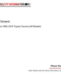 Vehicle fitment information for 2005-2019 Toyota Tacoma, all models, text on white background.