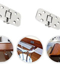 Built Tough Marine Grade 316 Stainless Steel Self Supporting Folding Table Hinges, showing close-up and use in furniture on home and boat.