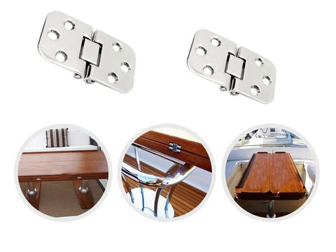 Built Tough Marine Grade 316 Stainless Steel Self Supporting Folding Table Hinges, showing close-up and use in furniture on home and boat.
