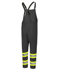 Heavy duty bib pants in black with reflective stripes, part of High Visibility Lightweight Waterproof Safety Rain Suit Featuring Reflective Work Jacket And Heavy Duty Bib Pants To Keep You Straight Up Dry At The Site.