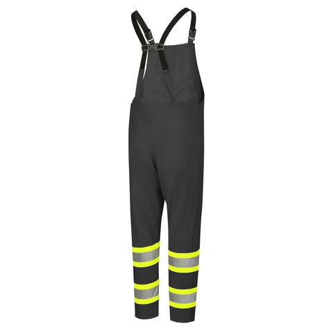 Heavy duty bib pants in black with reflective stripes, part of High Visibility Lightweight Waterproof Safety Rain Suit Featuring Reflective Work Jacket And Heavy Duty Bib Pants To Keep You Straight Up Dry At The Site.