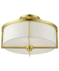 Two Light Satin Brass Stylish Semi Flush Ceiling Light With Off White Hardback Fabric Shade From Wesley Collection, front view.