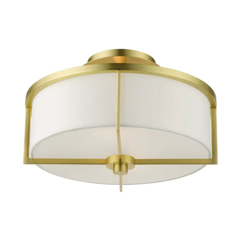 Two Light Satin Brass Stylish Semi Flush Ceiling Light With Off White Hardback Fabric Shade From Wesley Collection, front view.