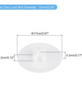 160 Pack 17mm White Screw Cap Covers showing dimensions, waterproof PP material, fits 15mm cam lock nuts, plastic decorative caps for screws.