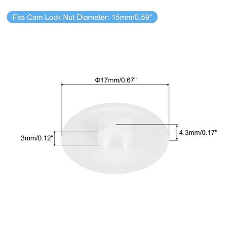160 Pack 17mm White Screw Cap Covers showing dimensions, waterproof PP material, fits 15mm cam lock nuts, plastic decorative caps for screws.