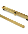 Gold 28 Inch Linear Shower Drain with 2 In 1 Flat and Tile Insert Cover Stainless Steel Brushed Brass Rectangle Shower Floor Drain