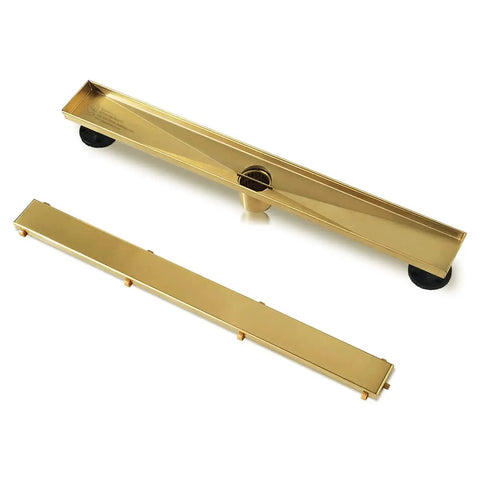 Gold 28 Inch Linear Shower Drain with 2 In 1 Flat and Tile Insert Cover Stainless Steel Brushed Brass Rectangle Shower Floor Drain