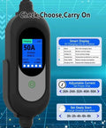 Top Drawer Level 2 Electric Vehicle Charger 50 Amp 240V display showing charging info with adjustable settings and modern design.