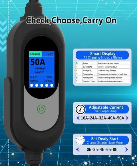 Top Drawer Level 2 Electric Vehicle Charger 50 Amp 240V display showing charging info with adjustable settings and modern design.
