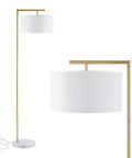 Gold Floor Lamp With Marble Base And White Linen Drum Shade For Living Room Bedroom Study Or Office Modern Metal Floor Light 62 Inch Tall Sleek Home Decor
