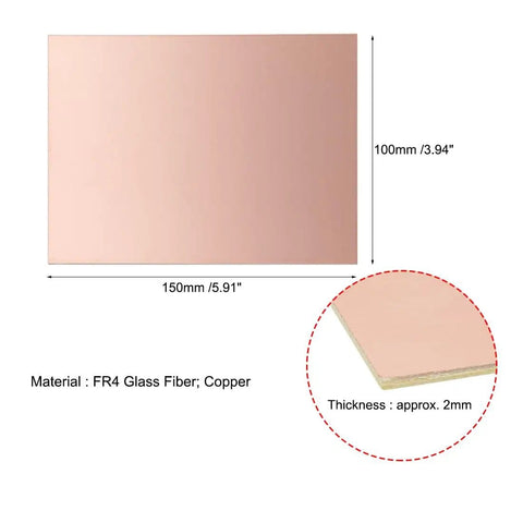 Double Sided Copper Clad PCB Boards 150x100mm FR4 2mm Thick shown with material details and dimensions