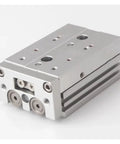 Heavy Duty Dual Axis Sliding Table Pneumatic Cylinder Killer Smooth Glide Mechanical Actuator, silver metallic with dual action ports.