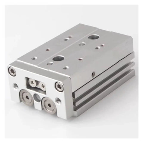 Heavy Duty Dual Axis Sliding Table Pneumatic Cylinder Killer Smooth Glide Mechanical Actuator, silver metallic with dual action ports.