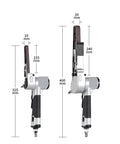 Handheld Air Belt Sander For Woodworking And Metal, Multi Angle Pneumatic Polisher, showing size dimensions and adjustable belt features.