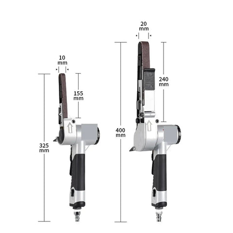 Handheld Air Belt Sander For Woodworking And Metal, Multi Angle Pneumatic Polisher, showing size dimensions and adjustable belt features.