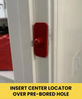 Center locator for Four Pocket Mortising Template For Door Jamb Strikes And Deadbolts With A Durable Bamboo Carrier