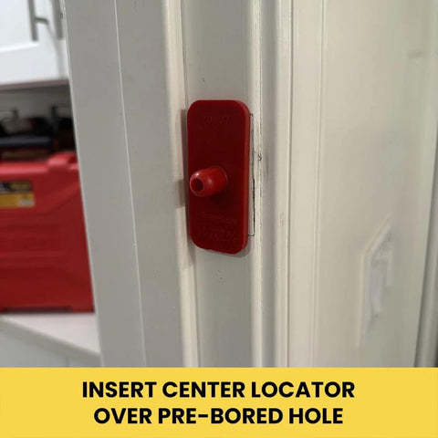 Center locator for Four Pocket Mortising Template For Door Jamb Strikes And Deadbolts With A Durable Bamboo Carrier