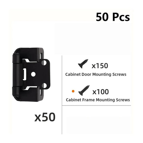 Heavy Duty Concealed Cabinet Hinges Half Overlay Partial Wrap Arms For Kitchen Makeovers Dead Simple Install Rock Hard Hold With Smooth Operator Motion 50 Count Pack image showing a black hinge with screws.