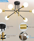 Sputnik Chandelier Pendant Light With 180 Degree Adjustable Arms Four Lights Mid Century Modern Nordic Ceiling Fixture In Black shown in detail