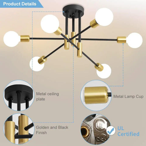 Kickass Modern Sputnik Chandelier Ceiling Light Fixture With Six Bulbs For Dining Rooms showing six bulb arrangement and metal finishes.