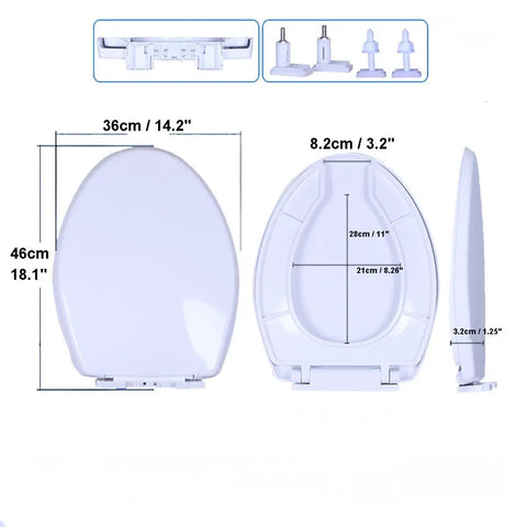 Adjuble Soft Close Round Toilet Seat Open Front Design White dimensions 36x46cm with top fixed hinges for easy installation.
