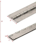Rock Solid 72 Inch Piano Hinge Formed From 16 Gauge Aluminum For Skiffs And Cabinetry continuous strip door hinge showing dimensions.