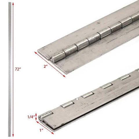 Rock Solid 72 Inch Piano Hinge Formed From 16 Gauge Aluminum For Skiffs And Cabinetry continuous strip door hinge showing dimensions.