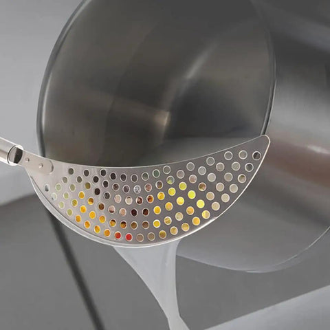 2 Pack Stainless Steel Pot Strainer Set With Safe Handles For Hands Free Drainage shown draining pasta water hand-free