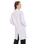 Back view of White Women's Lab Coat With Quick Release Snap Closure, Durable Machine Washable Lab Jacket, showing back slit.